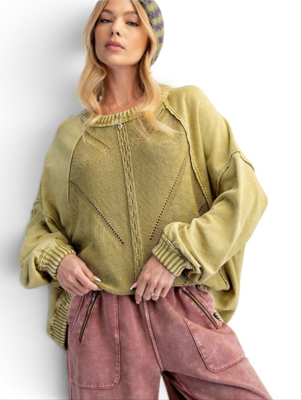 Easel Green Long Sleeve Washed Knit Sweater New